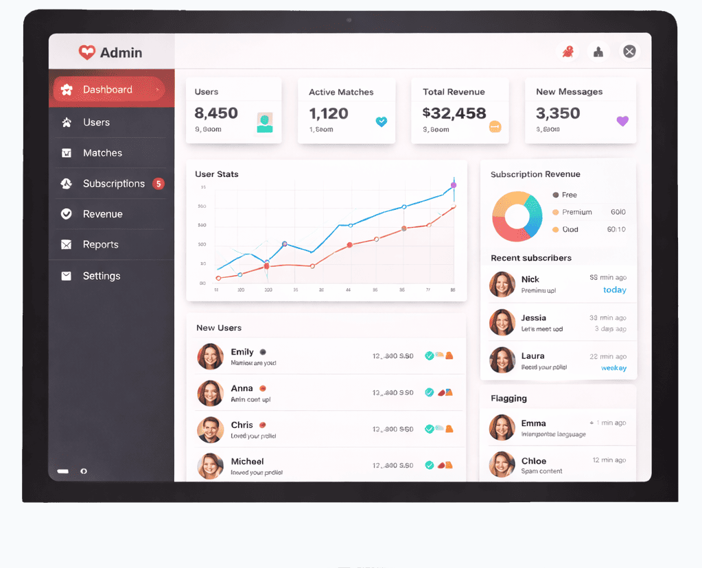 dating app admin dashboard analytics and user management